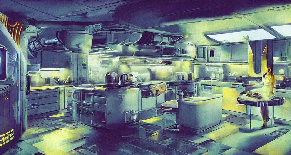 Prompt: IKEA catalogue photo of a cyberpunk kitchen on a spaceship, by Paul Lehr