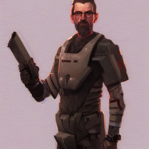 Image similar to a full body portrait of gordon freeman by Krenz Cushart, high detail, concept art, artstation, 8k