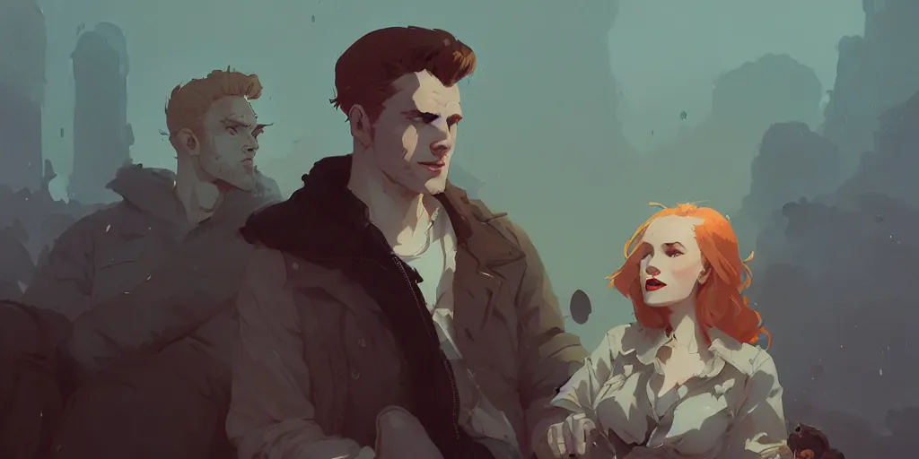 Prompt: portrait of cullen with a beautiful ginger woman he loves by atey ghailan, by greg rutkowski, by greg tocchini, by james gilleard, by joe fenton, by kaethe butcher, dynamic lighting, gradient light blue, brown, blonde cream and white color scheme, grunge aesthetic