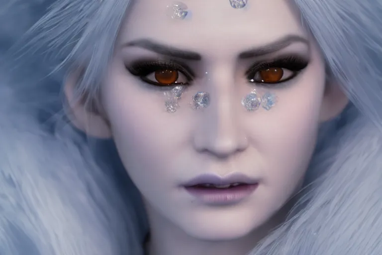 Image similar to Photorealistic render of Malevolent Ice Queen with round ice crystals on forehead in the style of Artstation, 4k Unreal Engine, reflective