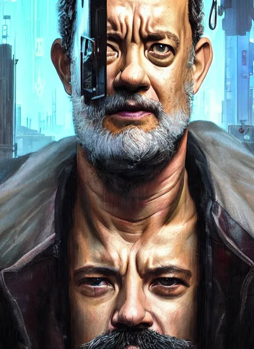 Prompt: portrait of Tom Hanks as a homeless character in Cyberpunk 2077, looking at camera, intricate, dystopian, sci-fi, extremely detailed, digital painting, artstation, concept art, smooth, sharp focus, illustration, intimidating lighting, incredible art by artgerm and greg rutkowski and alphonse mucha and simon stalenhag