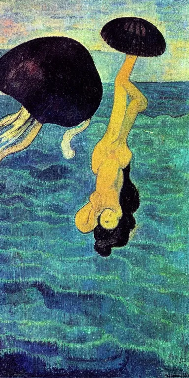 Prompt: black!! jellyfish in a vast ocean by paul gauguin, serene, calm, minimalist!!!