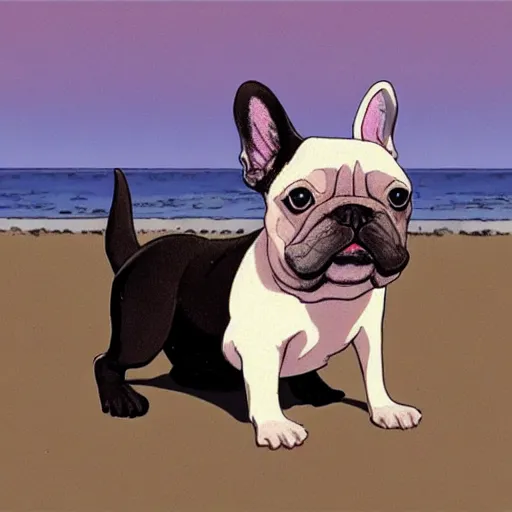 Image similar to black french bulldog in the beach, studio ghibli