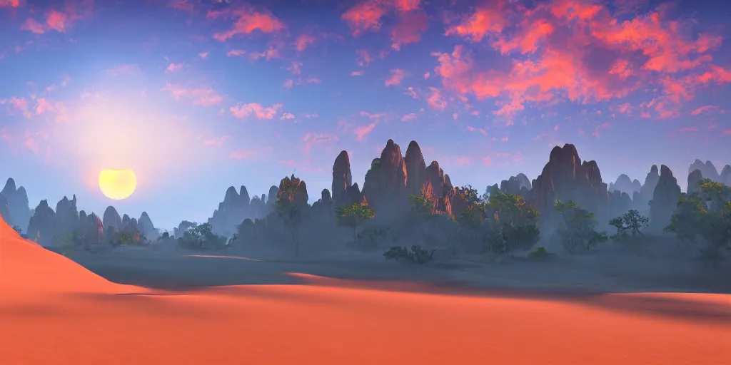 Prompt: ultra detailed and realistic painting of the sunset and a full moon in an environment of water mountains desert and forest inspired by very beautiful cute and colored disney movie backgrounds, rendered in 8 k unreal engine