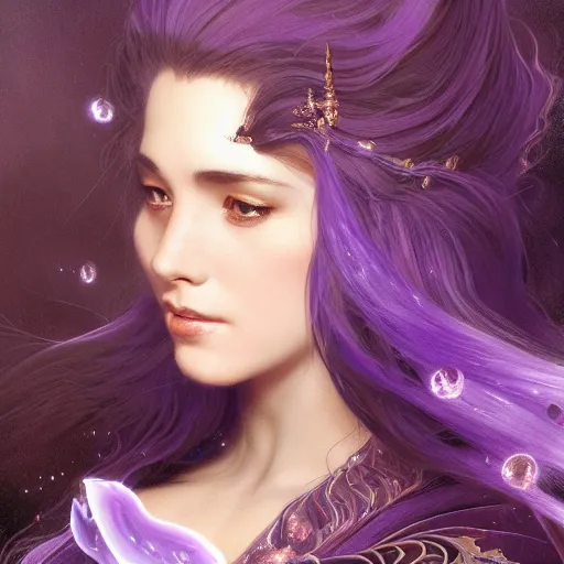 Prompt: beautiful female wizard with lavender skin casting swirling magic spell, nge, dark fantasy, three quarter profile face closeup, intricate, highly detailed, digital painting, volumetric light, artstation, concept art, smooth, sharp focus, illustration, art by gil elvgren and greg rutkowski and luis royo, and alphonse mucha, 8 k