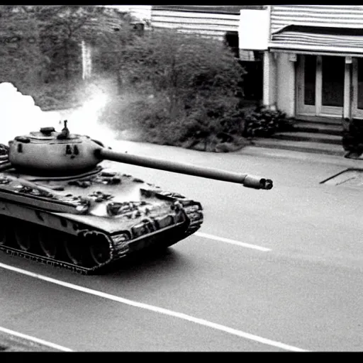 Prompt: cctv footage of a tank driving past a suburban neighbhoorhood, realistic, highly detailed, black and white, at night, taken on a security cctv camera, taken from the view of a house door.