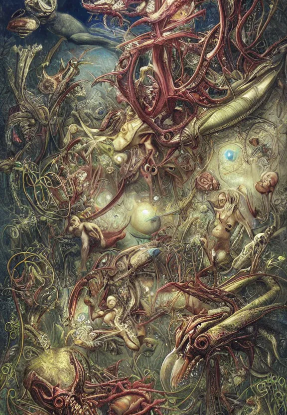 Image similar to elegant, muscular sharks, human babies, botany, orchids, radiating, colorful mandala, psychedelic, overgrown garden environment, by h. r. giger and esao andrews and maria sibylla merian eugene delacroix, gustave dore, thomas moran, pop art, biomechanical xenomorph, art nouveau, somber, horror