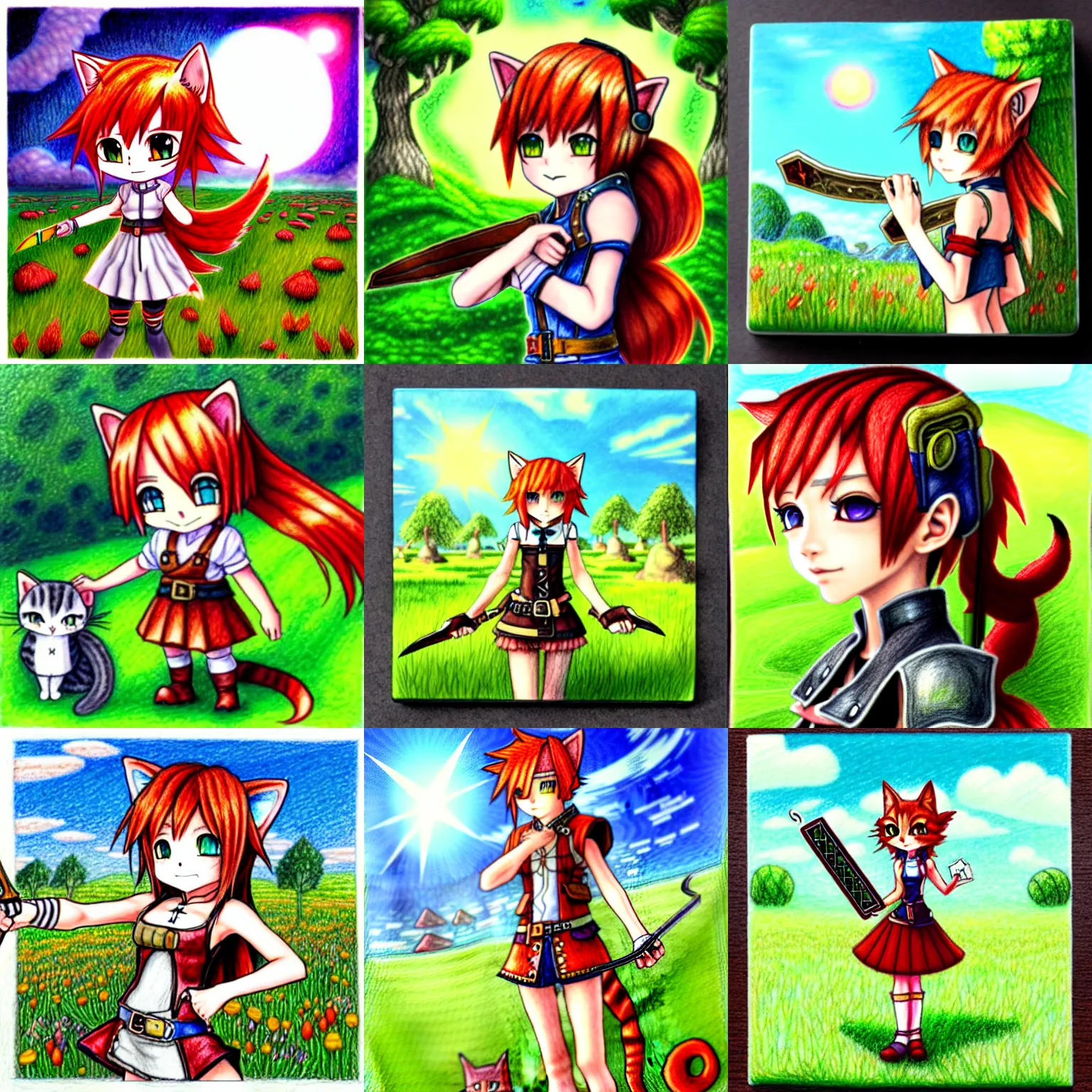 Prompt: an absurdly-detailed colored-pencil drawing as a fancy square tile, a cute adventurer, a short-red-haired cat-girl painted in final fantasy style, wearing a duelist-mage outfit. Summer sun in verdant fields.