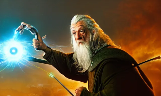 Prompt: gandalf with cyborg eye and robotic arm battling a balrog 3 5 mm photograph