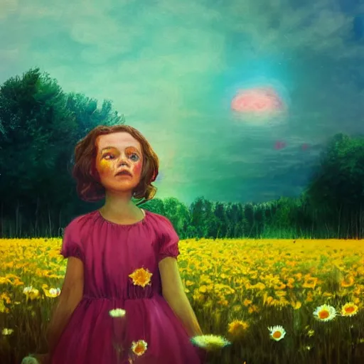 Image similar to giant daisy flower head, portrait of girl in flower field, holding daisy, surreal photography, sunrise, impressionist painting, colorful clouds, digital painting, artstation, simon stalenhag, flower face