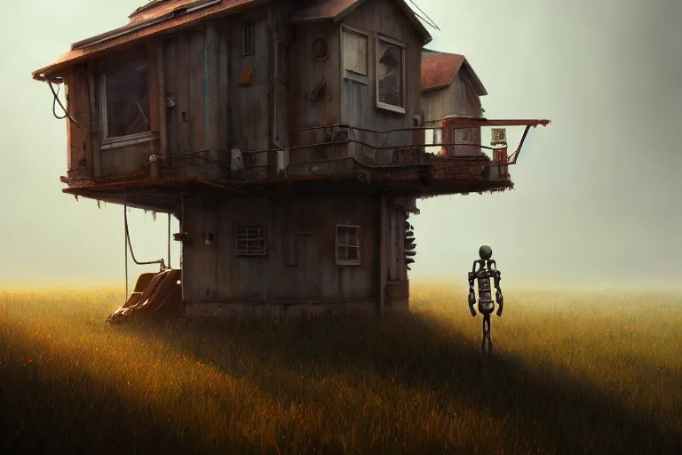 Image similar to a house with two mechanical legs looking like a human, rust, hyperrealistic, highly detailed, cinematic, single ray of sun, fog, beautiful, cgssociety, artstation, 8 k, oil painting