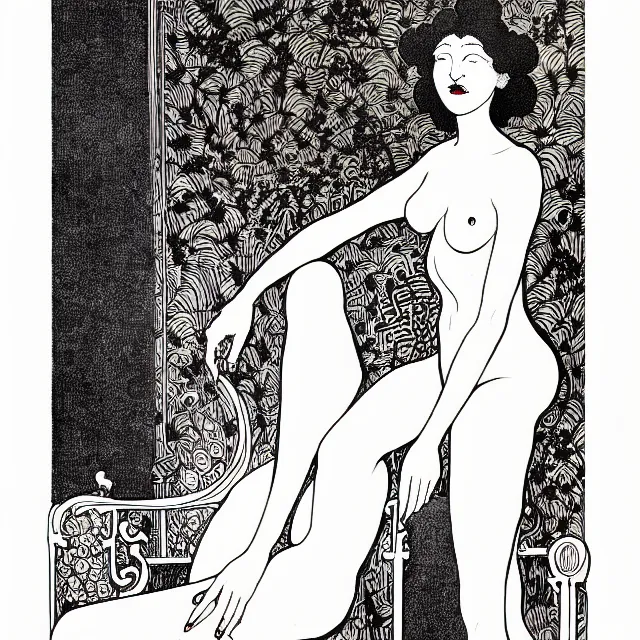 Prompt: salome full figure sitting on throne black ink drawing by james jean very detailed high contrast xuan paper lush background by aubrey beardsley moebius