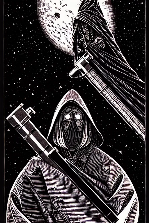Prompt: cloaked wizard gazing into a telescope, high details, intricately detailed, by vincent di fate, inking, 3 color screen print, masterpiece, trending on artstation,, sharp, details, hyper - detailed, hd, 4 k, 8 k