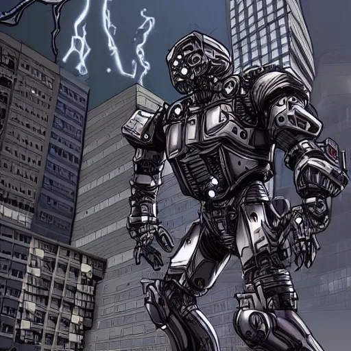 Prompt: cybernetic power armor running at an angle through a city drawn by Kevin siembada