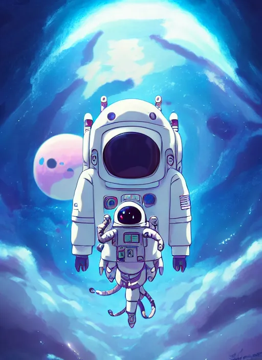 Image similar to portrait of cute kawaii astronaut android floating around a large biomechanical kaiju dragon, nebulous background of dynamic space, a dramatic composition by wlop and greg rutkowski and makoto shinkai and studio ghibli and kyoto animation cute bubbly clothing