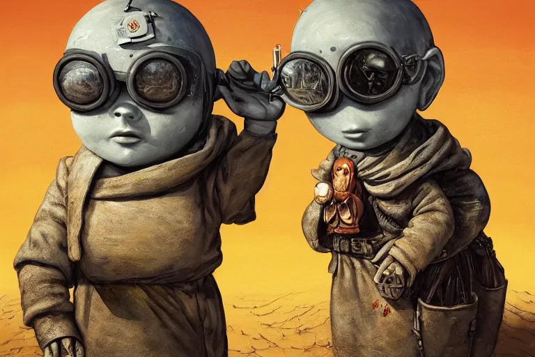 Image similar to a highly detailed forgotten garden gnome wearing goggles and head scarf surviving in a vast barren desert, hopeless wasteland background with a relentless raging sun overhead, post - apocalyptic road warrior vibe, dynamic pose, an ultrafine detailed painting by joe fenton, trending on deviantart, pop surrealism, whimsical, lowbrow, perfect symmetrical face, sharp focus, octane, masterpiece