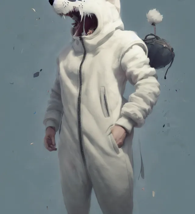 Prompt: a beautiful fullbody portrait of a cute male anthropomorph white wolf wearing a kigurumi. character design by cory loftis, fenghua zhong, ryohei hase, ismail inceoglu and ruan jia. artstation, volumetric light, detailed, photorealistic, rendered in octane