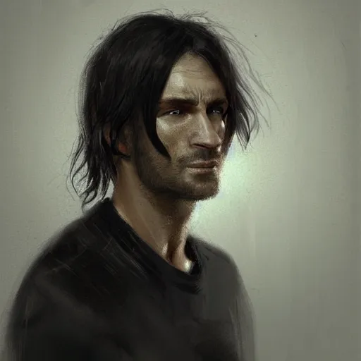 Prompt: Portrait of a man by Greg Rutkowski, he is about 30 years old, messy long black hair, tired appearance, roman nose, german features, wearing black t-shirt, highly detailed portrait, digital painting, artstation, concept art, smooth, sharp foccus ilustration, Artstation HQ.