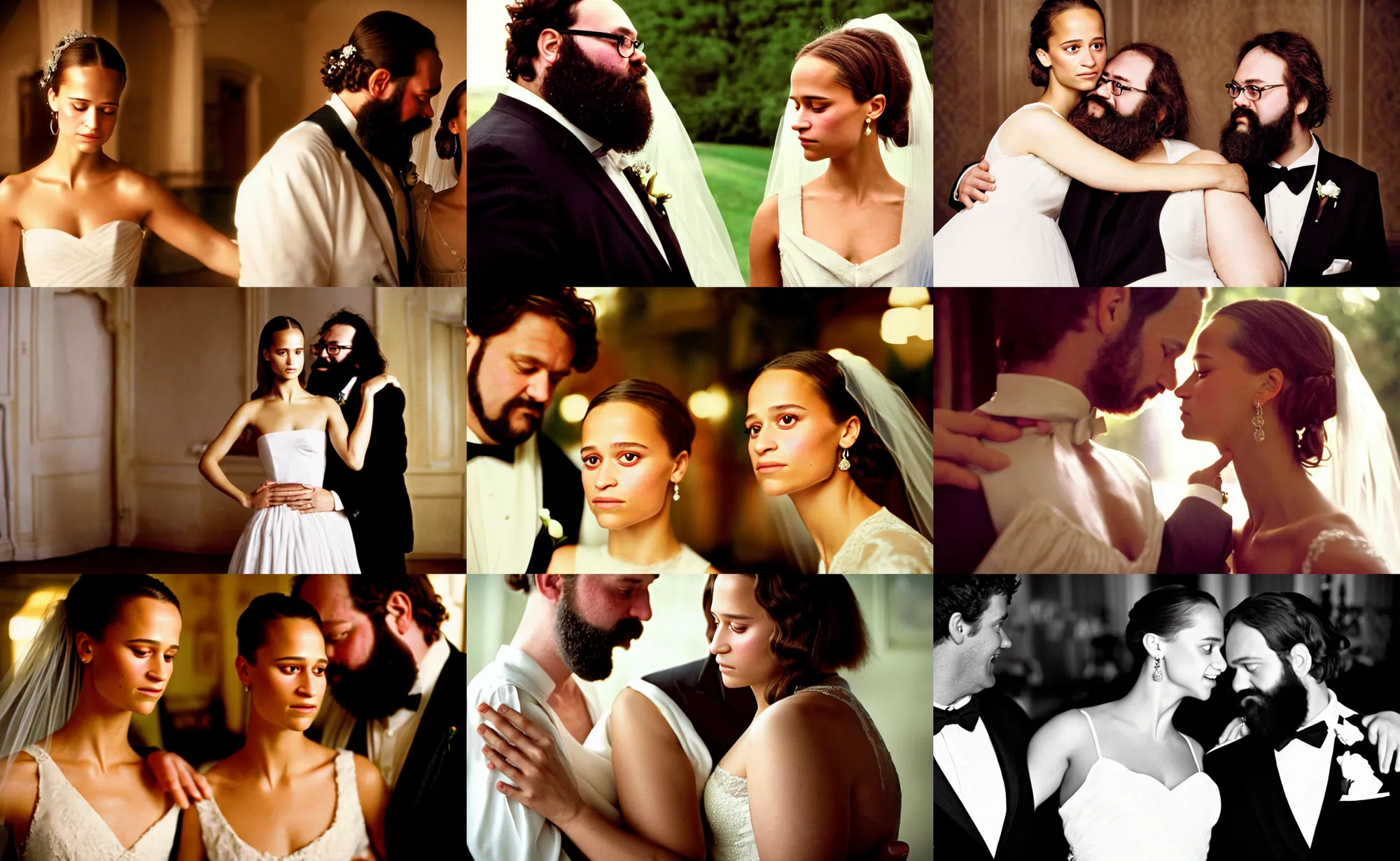 Prompt: movie still close-up portrait of skinny Alicia Vikander in a wedding dress embracing a groom who is a morbidly obese and bearded nerd, by David Bailey, Cinestill 800t 50mm eastmancolor, heavy grainy picture, very detailed, high quality, 4k, HD criterion, precise texture and facial expression