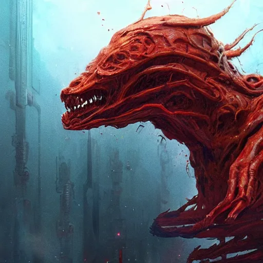 Image similar to scifi art by Greg Rutkowski, hideous monster made of twisted human flesh and reddish ooze in the shape of a dog with an elongated snout, a slender body, and elongated limbs, vicious appearance, scifi, space horror, digital painting, artstation, concept art, smooth, sharp foccus ilustration, Artstation HQ.