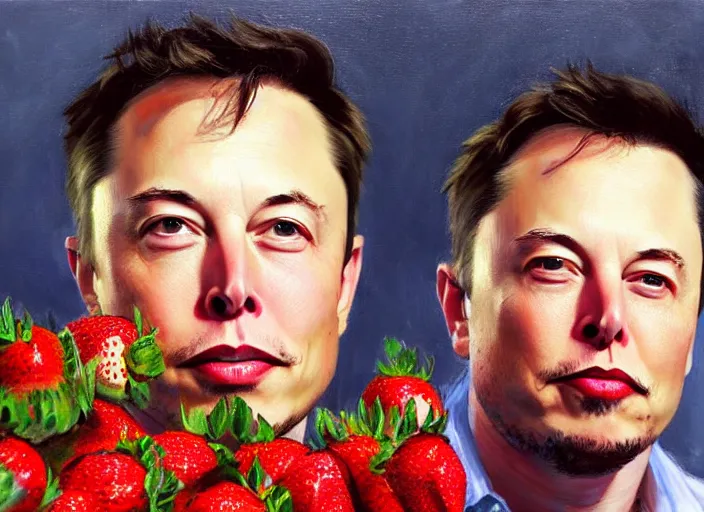 Prompt: a highly detailed beautiful portrait of elon musk with an strawberry, by gregory manchess, james gurney, james jean