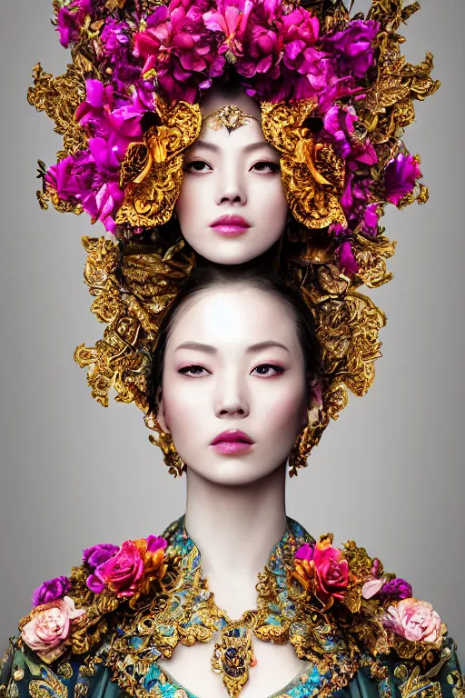 Image similar to a beautiful empress portrait, with a brilliant, impossible striking big flower headpiece, clothes entirely made out of flowers, symmetrical, dramatic studio lighting, beauty dish, rococo, baroque, jewels, asian, hyperrealism, closeup, D&D, fantasy, intricate, elegant, highly detailed, digital painting, artstation, octane render, 8k, concept art, matte, sharp focus, illustration, art by Artgerm and Greg Rutkowski and Alphonse Mucha