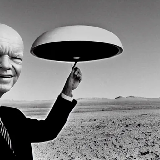 Image similar to president eisenhower aboarding a ufo in the desert as high ranked government officials are watching, black and white old photo