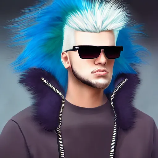 Prompt: White Wolf, blue mohawk hairstyle, wearing aviator sunglasses, synthwave style, artstation, award winning