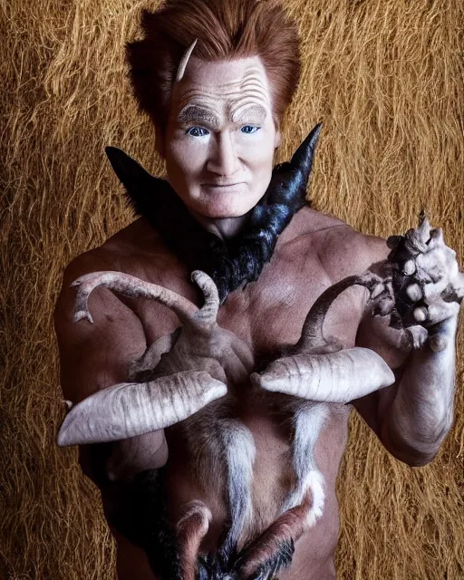 Image similar to actor Conan O’Brien in Elaborate Pan Satyr Goat Man Makeup and prosthetics designed by Rick Baker, Hyperreal, photos in the style of Annie Leibovitz