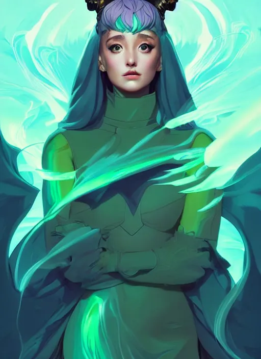 Image similar to style artgerm, joshua middleton, illustration, ariana grande as a high priestess wearing green pelt light armor, anime eyes, blue hair, swirling water cosmos, fantasy, dnd, cinematic lighting