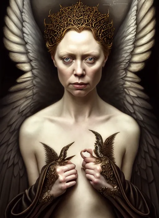 Prompt: gwendoline christie as an angel, aesthetic, fine art, intricate, elegant, highly detailed, realistic hair, centered, digital painting, art station, conceptual art, soft, sharp focus, illustration, artwork, artgerm, tomasz alen kopera, peter mohrbacher, donato giancola, wlop, boris vallejo