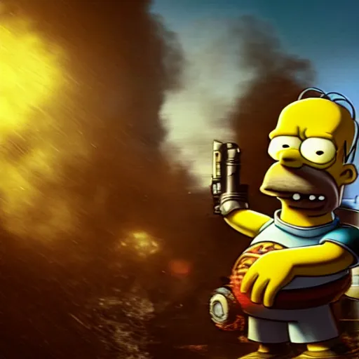 Prompt: Homer Simpson in Gears of War, splash art, movie still, cinematic lighting, dramatic, octane render, long lens, shallow depth of field, bokeh, anamorphic lens flare, 8k, hyper detailed, 35mm film grain