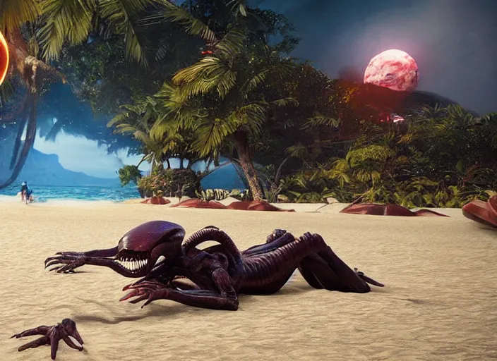 Image similar to a xenomorph alien relaxing on a beach in jamaica, cinematic lighting, directed by dennis villeneuve, national geographic, award winning, concept art, artstation, unreal engine, game screenshot