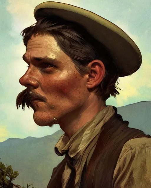 Image similar to side portrait Appalachian bootlegger boy with detailed features, moonshining still in the backdrop, dirt, Appalachian mountains, sharp focus, illustration, highly detailed, oil painting, matte, art by Greg Rutkowski and Alphonse Mucha, masterpiece