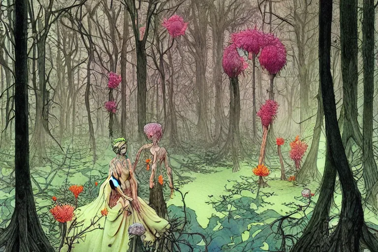 Image similar to a hyperrealist watercolour character concept art portrait of a haunted forest inside central park. neon flowers. weird people. by rebecca guay, michael kaluta, charles vess and jean moebius giraud