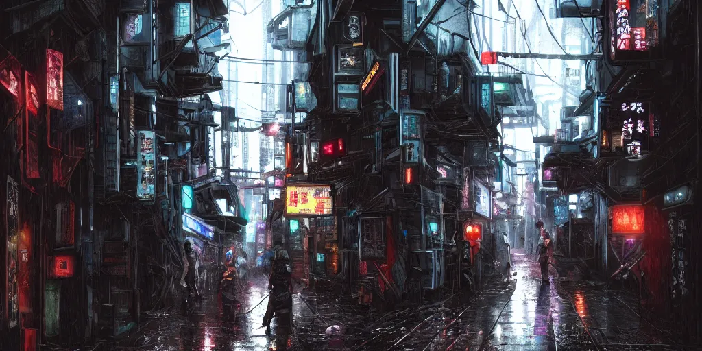 Image similar to Cyberpunk back alley on a rainy day in Japan, low angle view, detailed matte painting, cinematic, Helio Frazao, Artstation