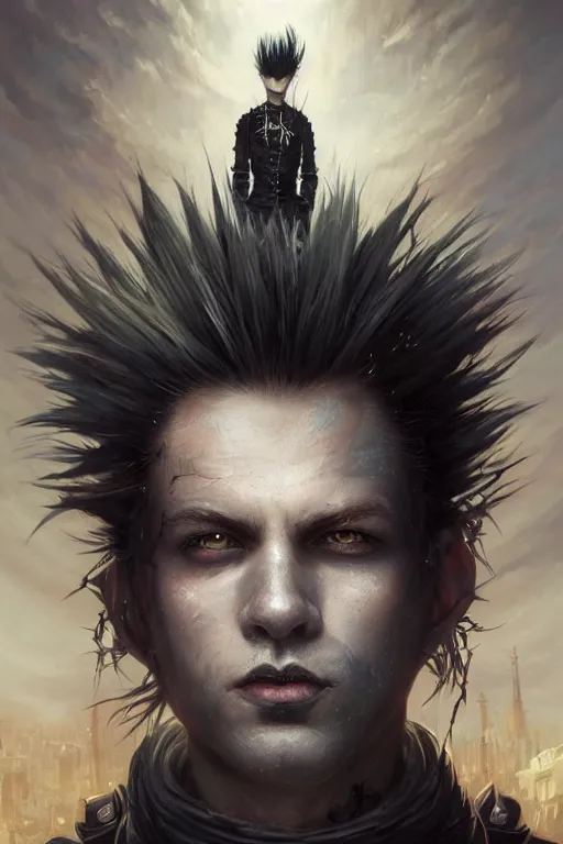 Image similar to highly detailed portrait from a gothic punk man with mohawk hair, stephen bliss, unreal engine, fantasy art by greg rutkowski, loish, rhads, ferdinand knab, makoto shinkai and lois van baarle, ilya kuvshinov, rossdraws, tom bagshaw, global illumination, radiant light, detailed and intricate environment