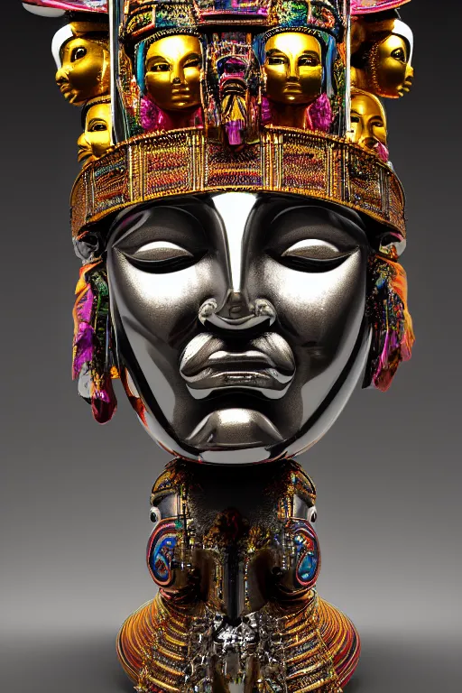 Prompt: chrome carved statue of inca goddess symmetrical three faces, metallic polished sculpture, dressed with a colorful wrapped silk cloak, made by antonio corradini, and dug stanat macabre art, dark surrealism, epic and cinematic view, volummetric light, texturized, detailed, 8 k