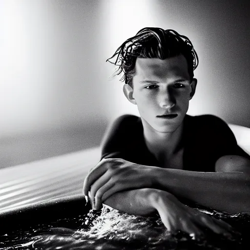 Image similar to photographic portrait by Annie Leibovitz of Tom Holland in a hot tub, foggy, black and white, moody, sigma 85mm f/1.4, 15mm, 35mm, 4k, high resolution, 4k, 8k, hd, full color