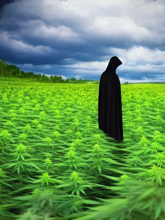 Prompt: grim reaper standing in beautiful cannabis field, grainy, high detail, high resolution,