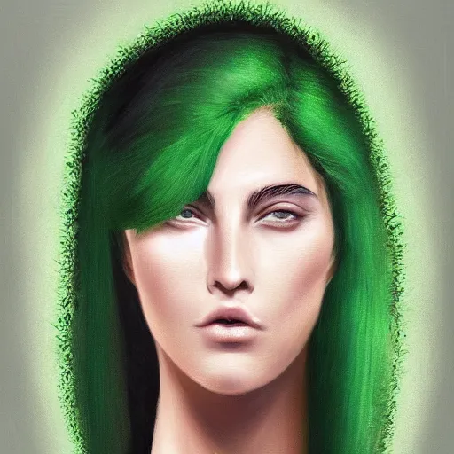 Prompt: symmetrical portrait of beautiful woman with green fuzzy hair, by nick silva, ja mong, digital, soft painting, photorealism