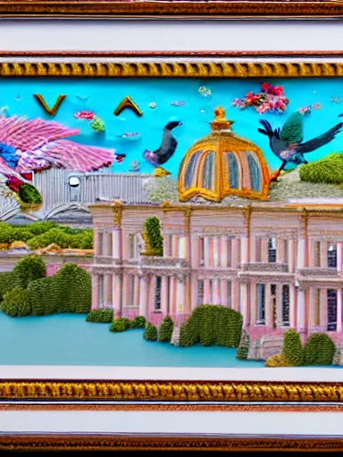 Image similar to building along a river, seen from the long distance, sharp focus. matte paper and hyperdetailed embroidery fabric collage. huge flamish baroque maximalist birds flying. highly detailed childrenbook illustration in soft natural pastel tones.