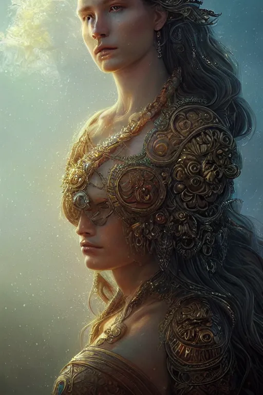 Image similar to majestic and regal portrait of a beautiful young female earth goddess!!, intricate, epic, elegant, menacing, fantasy, highly detailed, digital painting, hard focus, beautiful volumetric lighting, epic light, ultra detailed, souls, smoke, by leesha hannigan, ross tran, thierry doizon, kai carpenter, ignacio fernandez rios