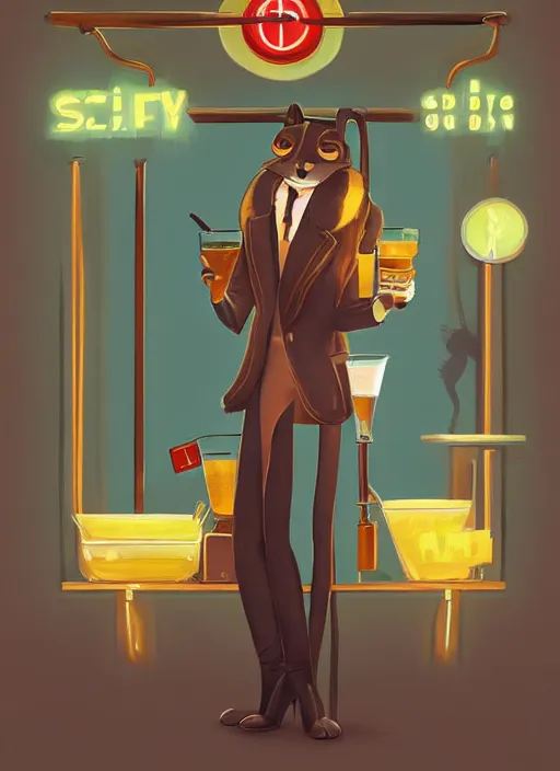 Prompt: squirrel anthro as a dapper bartender with a big fluffy tail, retro futurism, art deco, detailed painterly digital art by Cory Loftis, 🐿🍸🍋, furaffinity, trending on artstation