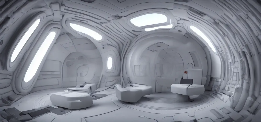 Image similar to inside a sci-fi spaceship escape pod that is a mind temple for meditation and discovery of secret knowledge. clean white interior, hyperrealism 8k, pbr material, raytraced, vray, hdri