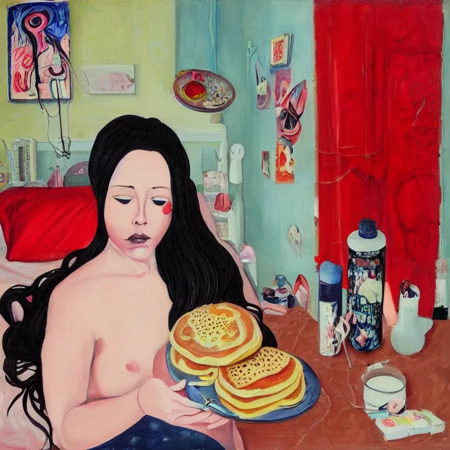 Prompt: a self - portrait in a female artist's bedroom, depressed emo girl eating pancakes, berries, surgical supplies, handmade pottery, flowers, sensual, octopus, neo - expressionism, surrealism, acrylic and spray paint and oilstick on canvas