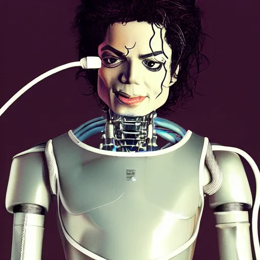 Image similar to photo of michael jackson wearing robot suit with wires and light, highly detailed, photorealistic, artstation, smooth