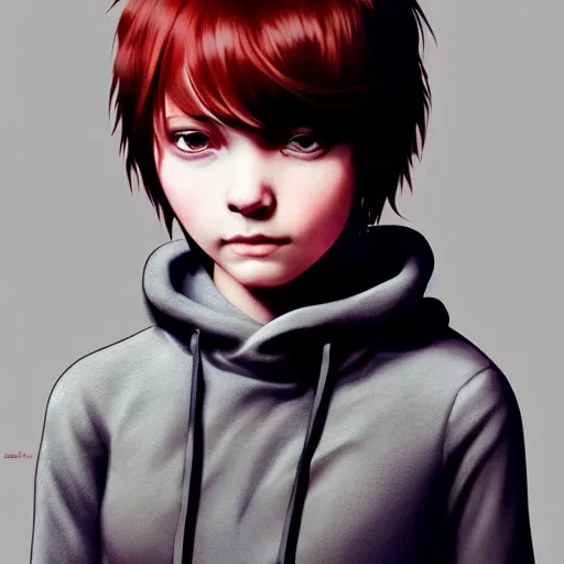 Image similar to a cute tiny girl with short red hair wearing a hoodie, digital art, very beautiful face, pretty face, very detailed eyes, full body illustration, 8 k resolution, soft painting, by greg rutkowski, wlop, rossdraws,