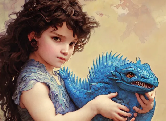 Image similar to a cute little girl with curly brown hair and blue eyes holding a blue baby dragon, beautiful fantasy art by artgerm and greg rutkowski and alphonse mucha.