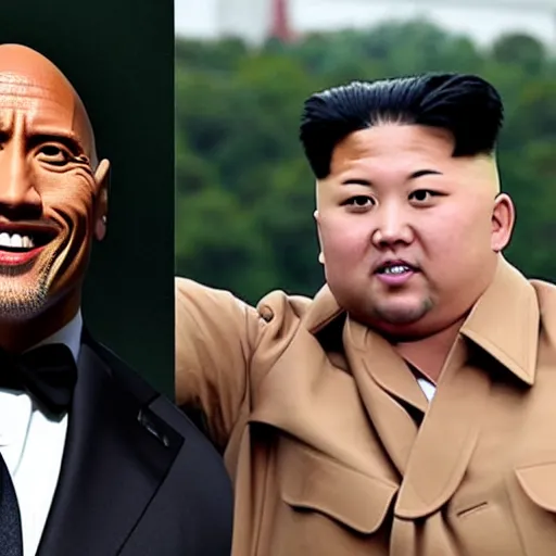 Image similar to dwayne johnson and kim jong - un, selfie, phone photo,